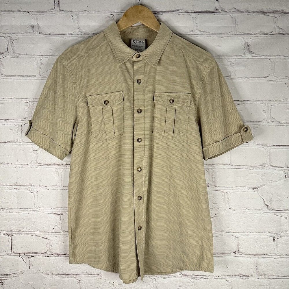 Zyia Active Mens Large Cordillera Hiking Shirt Tan Khaki Light Weight